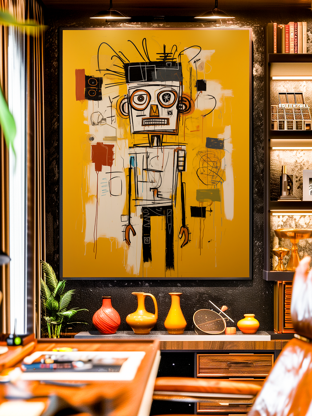 Striking Basquiat inspired abstract portrait with bold yellow background, expressive lines, and street art energy. Perfect as large statement wall art for modern living rooms, urban lofts, and gallery wall setups. Neo expressionism style brings character, color, and culture to contemporary interiors while pairing with plants, ceramics, and wood tones for a curated designer look.