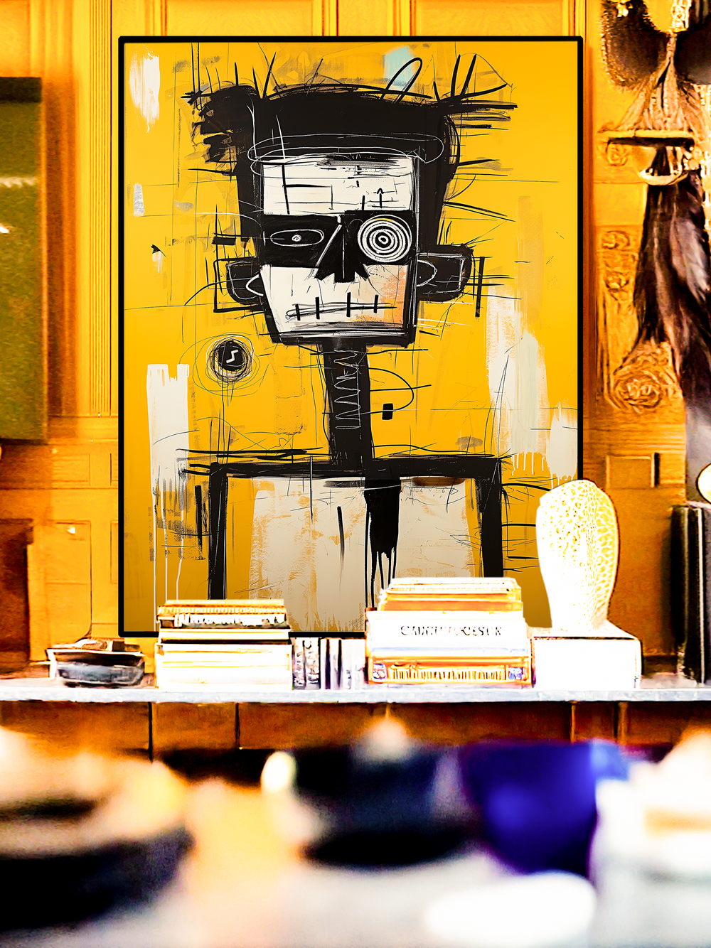 A striking abstract wall art print in Basquiat’s signature style, featuring a raw black and white portrait with chaotic sketch lines and expressive details against a vivid yellow background. Displayed in a modern interior with books and decor, the artwork adds an edgy urban gallery vibe and a bold statement to contemporary wall decor.