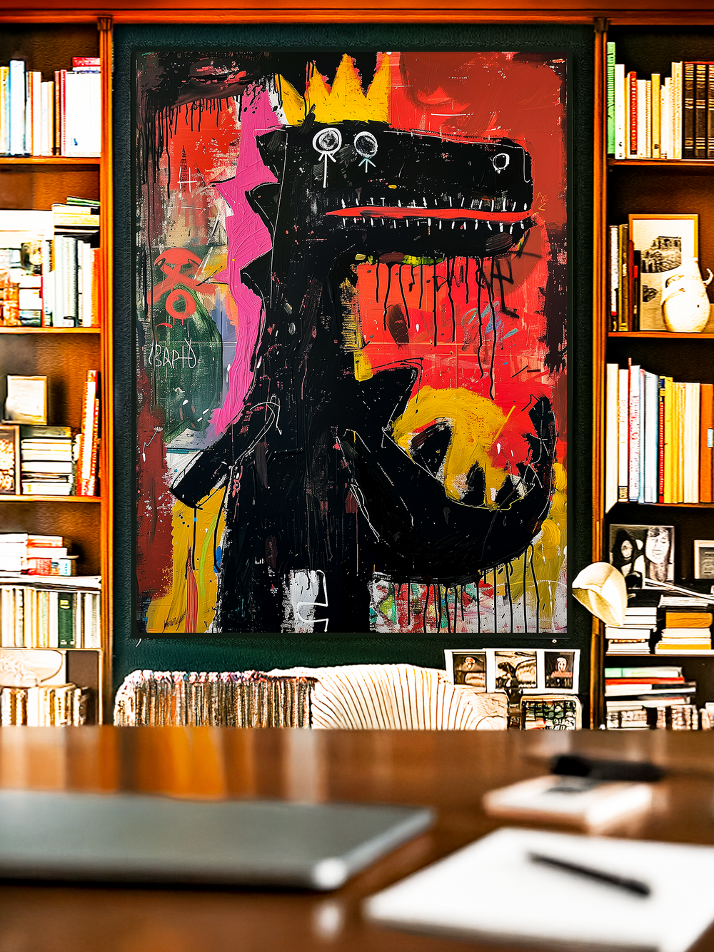A bold abstract artwork in Basquiat-inspired style featuring a black dinosaur with a yellow crown against a vibrant red, pink, and yellow background. The expressive graffiti painting combines raw brushstrokes, dripping textures, and urban street art energy, creating a powerful and rebellious statement piece for modern and eclectic interiors.