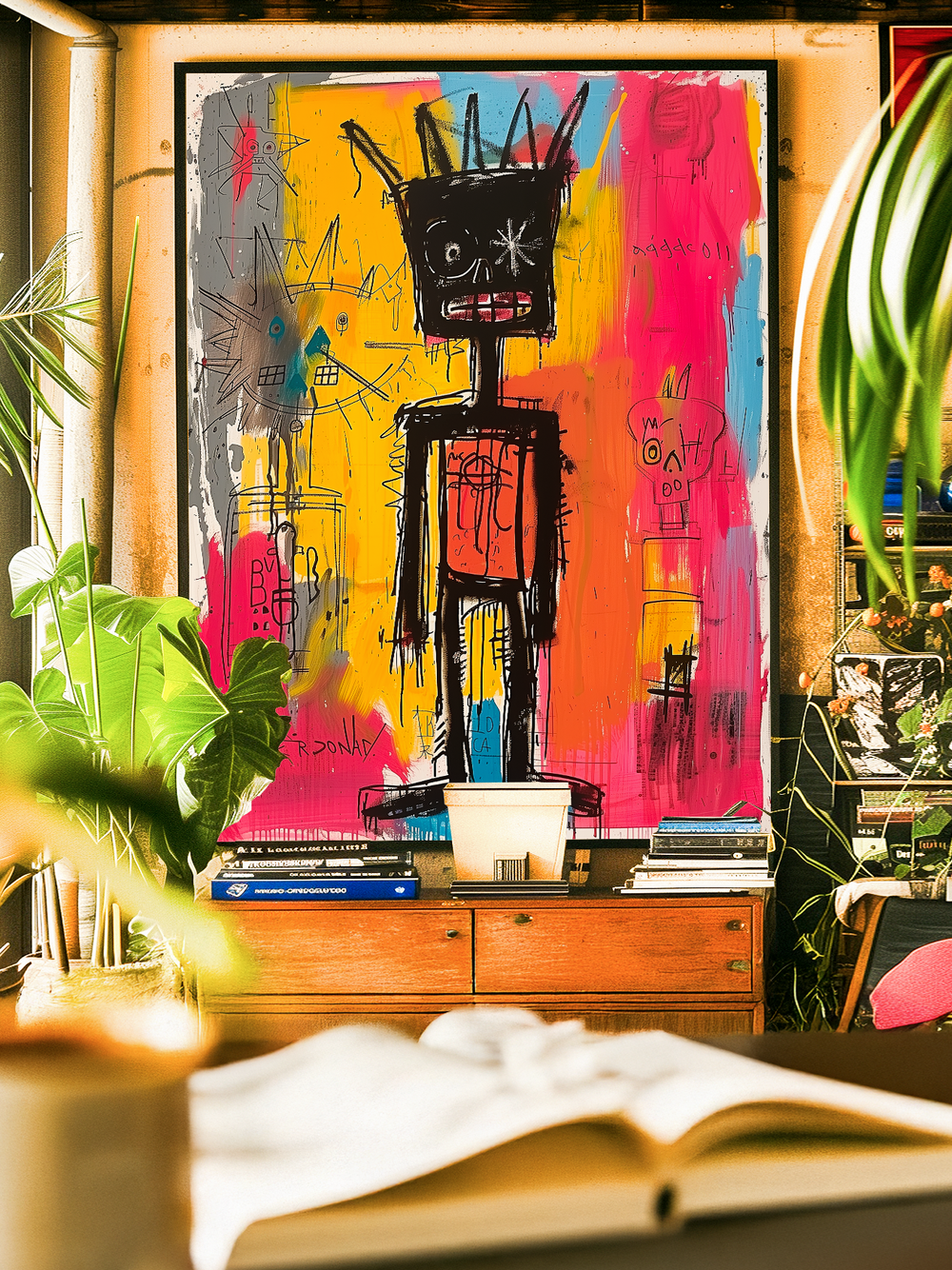 A large Basquiat inspired artwork showing a crowned skeletal figure in graffiti style on a vivid pink, yellow, and orange background. The painting is displayed in a stylish interior with wooden furniture, books, and lush green plants, creating a vibrant and creative living room atmosphere.