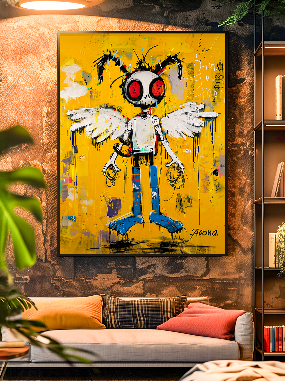 Large contemporary artwork in Basquiat style featuring a hornet-inspired robotic figure with wings, red circular eyes, and expressive graffiti brushstrokes on a vibrant yellow background, perfect for modern art and street art lovers.