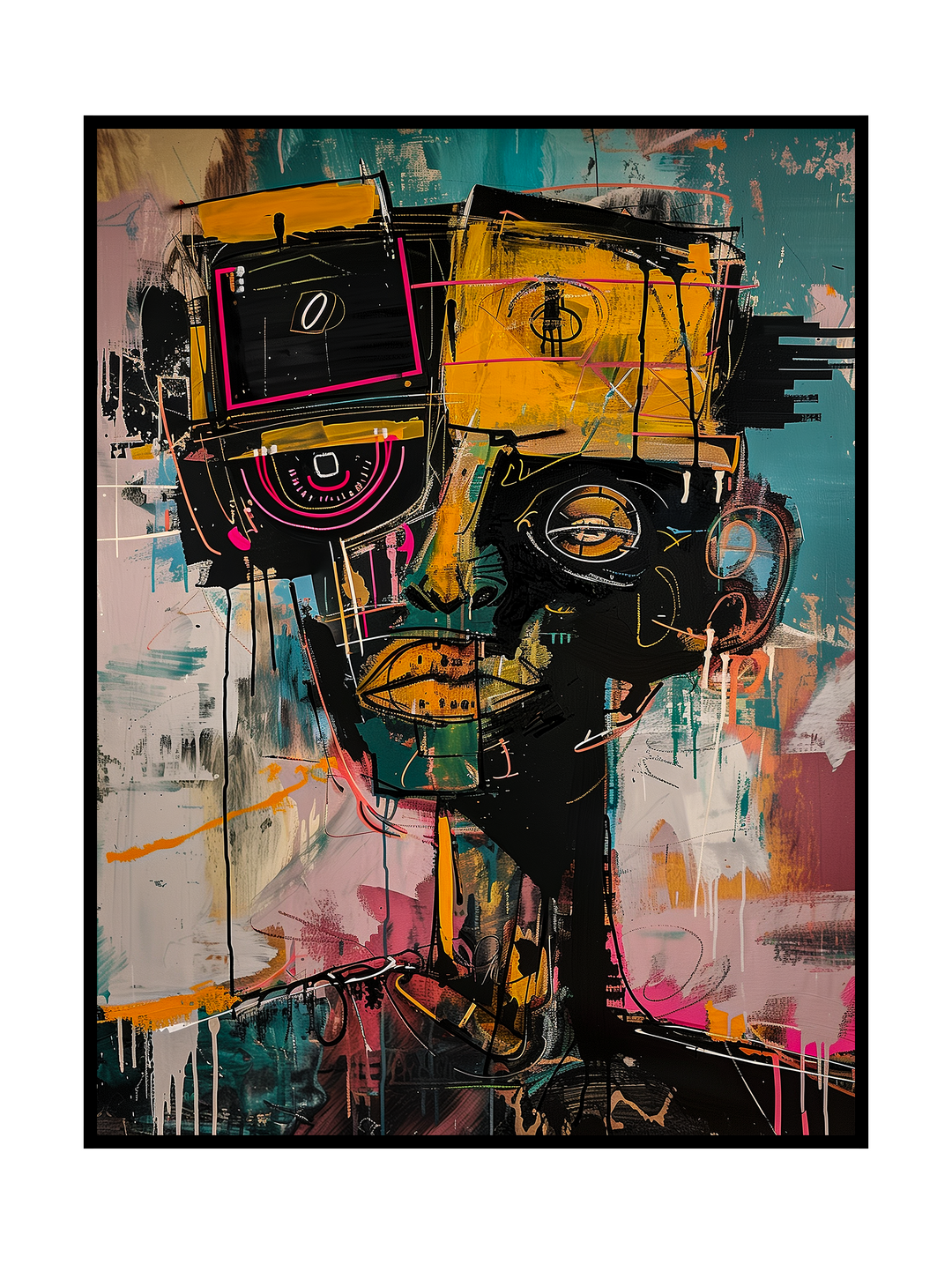 Bold abstract portrait featuring a fragmented face with expressive lines, layered textures, neon accents, and rough brushstrokes, inspired by Basquiat-style neo-expressionism and contemporary street art aesthetics.