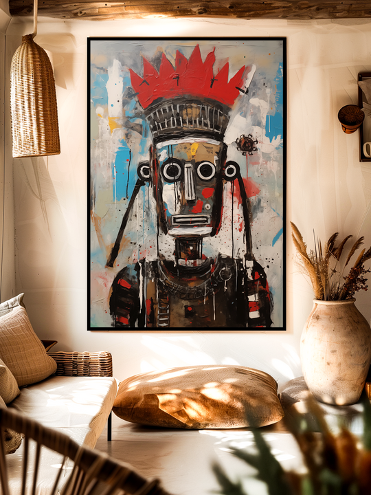 Large contemporary abstract painting in Basquiat style featuring a bold tribal mask with circular eyes, geometric patterns, and a striking red crown. Displayed in a modern bohemian living room with natural decor, earthy tones, and woven textures, the artwork adds a vibrant and expressive statement to the space.