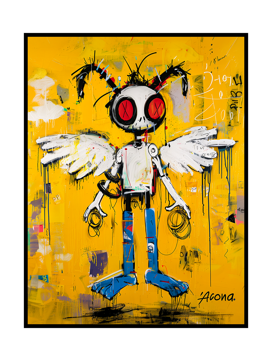 A bold street art illustration inspired by Basquiat style aesthetics, showing a raw, childlike angel bee figure with wings, red eyes, and rough outlines. The artwork uses expressive brushstrokes, dripping paint, and graffiti textures to convey emotion, rebellion, and neo-expressionist energy in an urban art context.