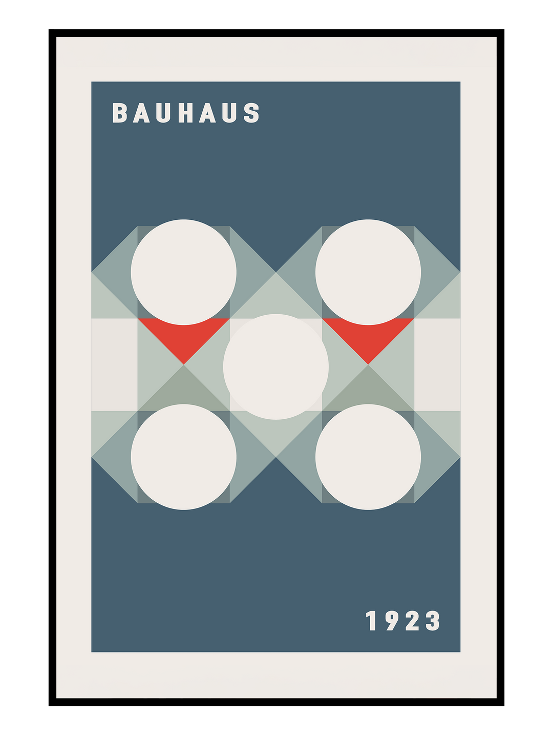 Minimalist Bauhaus-inspired abstract artwork featuring clean geometric shapes, balanced symmetry, and muted blue, white, and red tones. The composition references early modernist design principles from 1923, emphasizing form, structure, and timeless visual harmony.