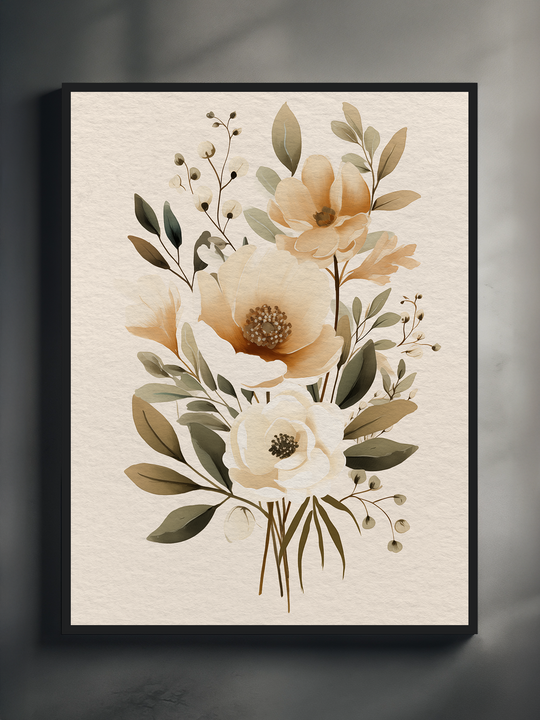 A calming botanical poster featuring soft beige and cream-colored flowers with green leaves and delicate branches, set in a black frame. The floral composition stands out against a light background and is presented on a neutral gray surface, creating a clean and elegant visual ideal for modern interiors.