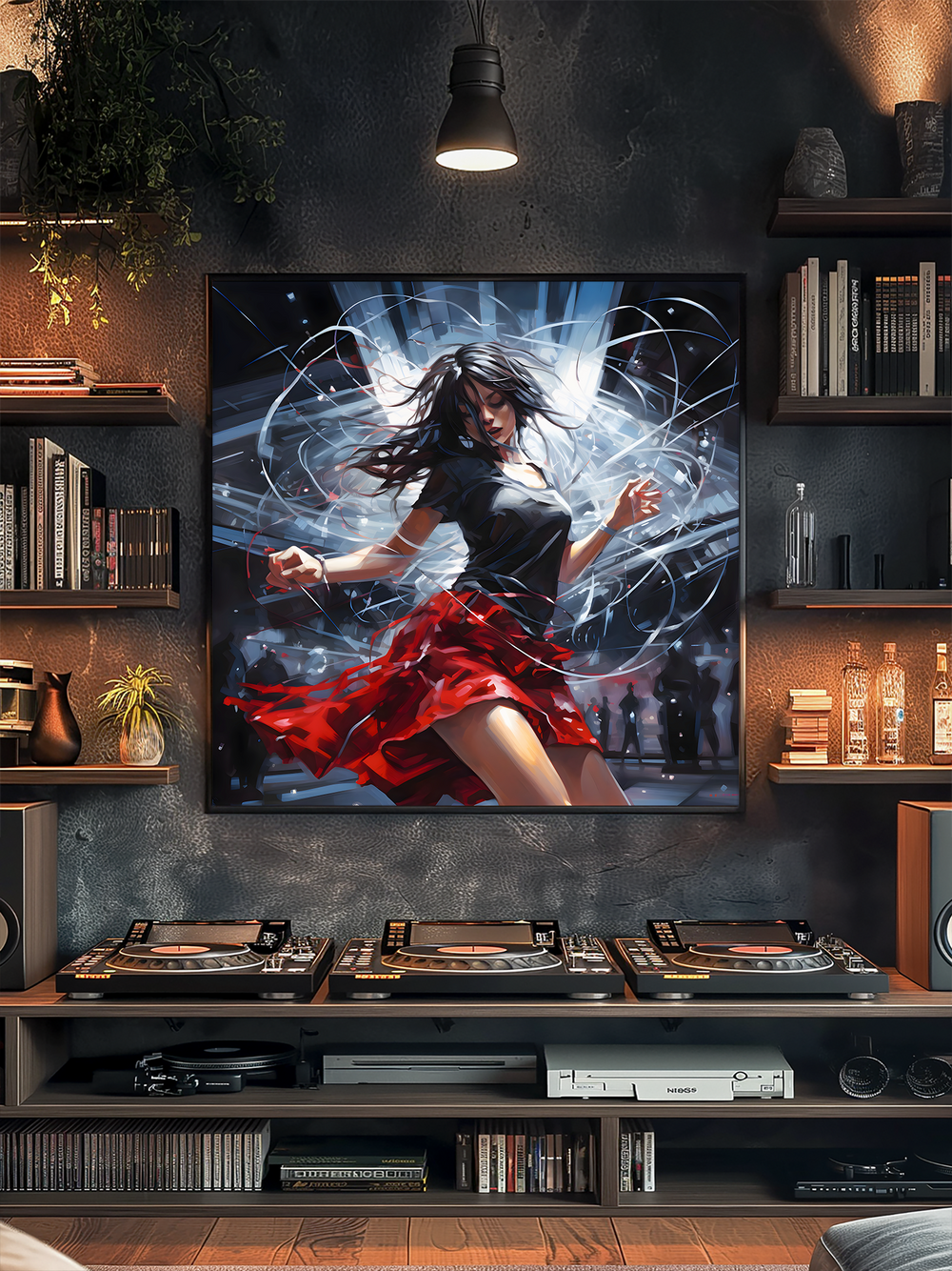 A stylish Berlin-style student living room with dark textured walls, warm lighting, and a prominent square black-framed poster showing a dancing woman in a red skirt. Below the poster is a DJ console with turntables and speakers. Shelves on either side hold books, bottles, and plants, while the top shelves display rocks and decor. A hanging lamp illuminates the space, creating a moody yet welcoming vibe perfect for music sessions and parties.