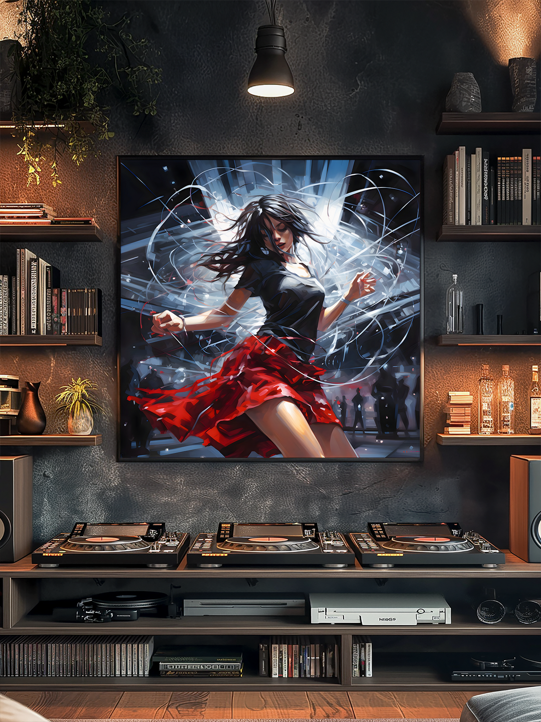 A stylish Berlin-style student living room with dark textured walls, warm lighting, and a prominent square black-framed poster showing a dancing woman in a red skirt. Below the poster is a DJ console with turntables and speakers. Shelves on either side hold books, bottles, and plants, while the top shelves display rocks and decor. A hanging lamp illuminates the space, creating a moody yet welcoming vibe perfect for music sessions and parties.