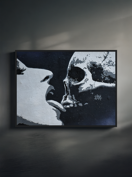 Monochrome street art style print showing a close-up profile of a woman facing a skull, creating a dramatic kiss-like moment on a dark textured background.