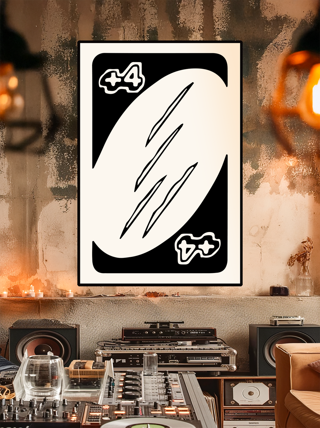 A black-and-white UNO card style poster with a +4 symbol and abstract line illustrations, framed in black, hanging on a textured wall in an underground techno-inspired DJ studio. Surrounded by turntables, mixers, and speakers, the dim warm lighting and raw industrial setting capture the deep underground techno scene atmosphere.