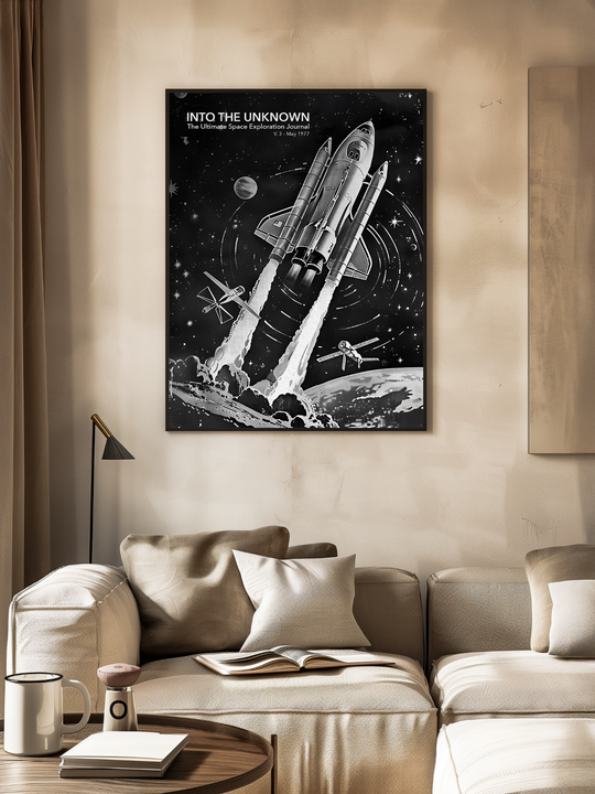 A retro black and white space shuttle poster titled “Into the Unknown” hangs above a beige modern sofa in a calm, minimalist living room with soft textures and warm lighting.