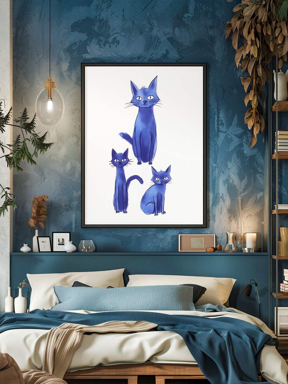 Stylish bedroom interior featuring a large framed poster of three whimsical blue cats on a white background, centered above a bed with cream and blue bedding. The wall behind the bed is painted in textured shades of teal, accented with hanging plants, shelves with books and decor, and warm lighting that creates a cozy, inviting atmosphere.