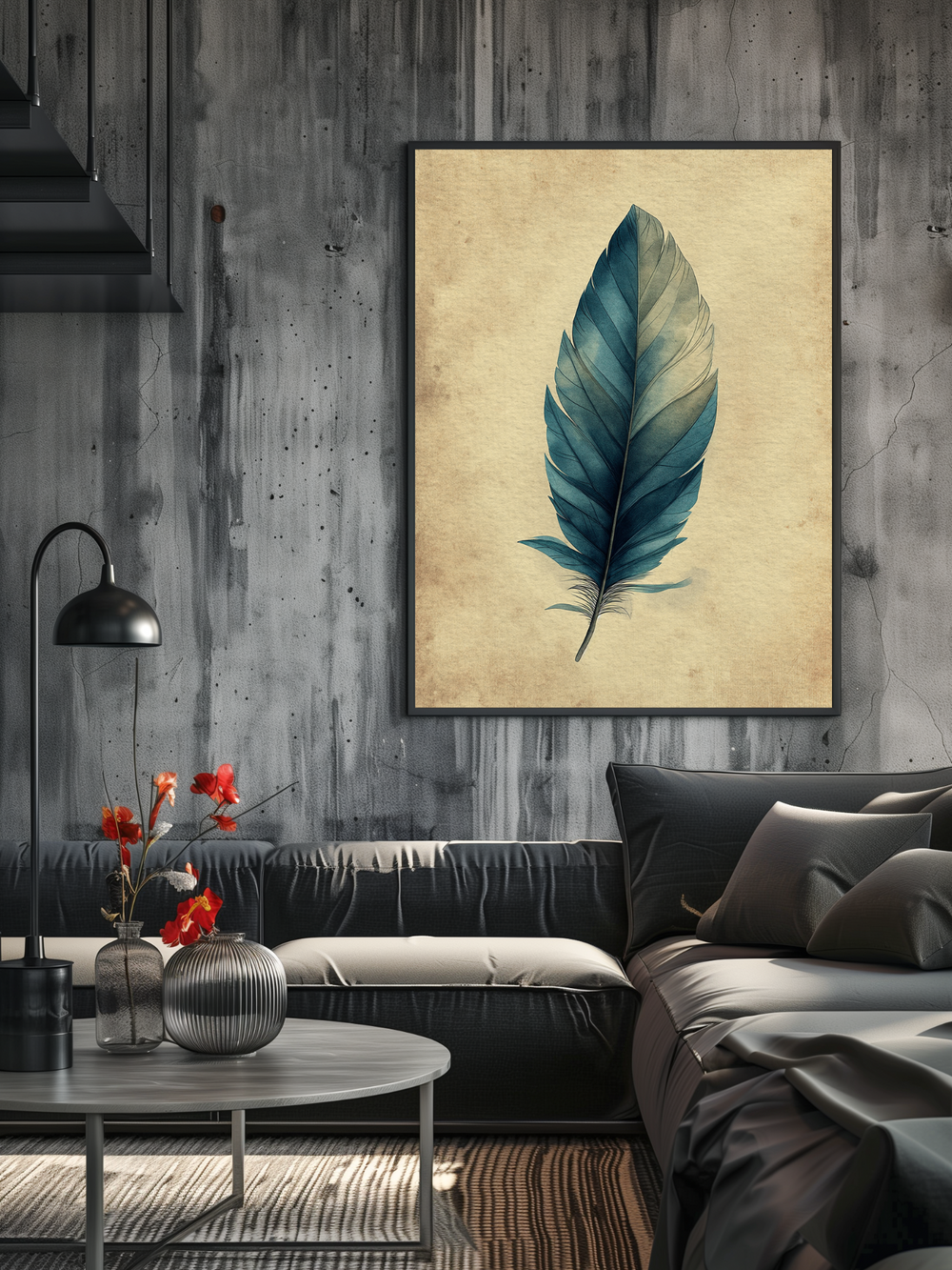 A framed poster of a blue feather on soft pastel background is displayed in a creatively styled living room with a textured concrete wall, black sofa, colorful lighting reflections, and decorative vases on a round coffee table.