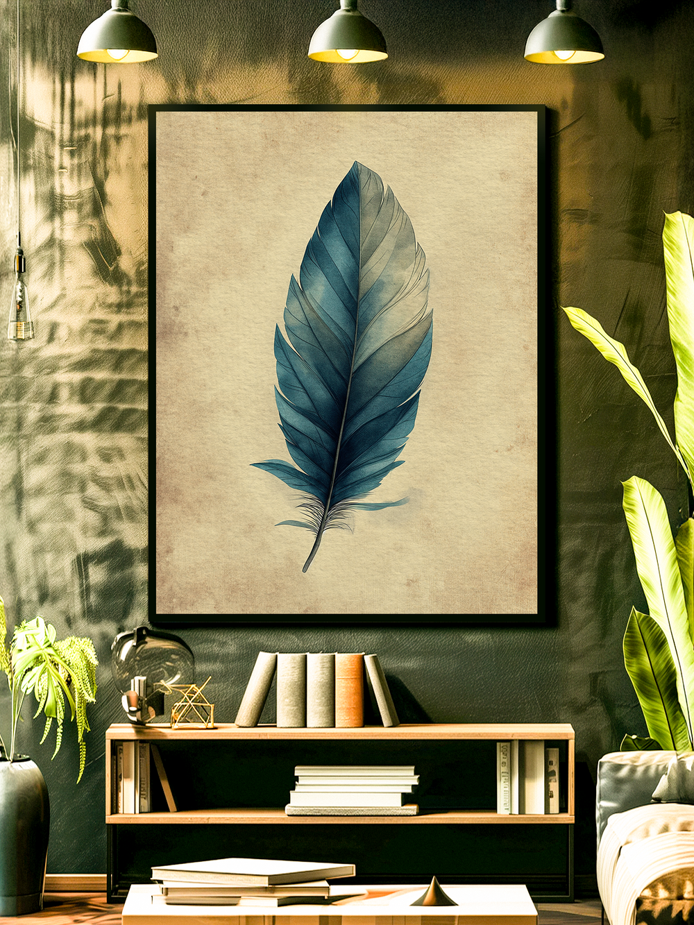 Elegant framed poster featuring a single blue feather on a beige background, displayed in a stylish living room with green textured walls, plants, bookshelves, and soft lighting.