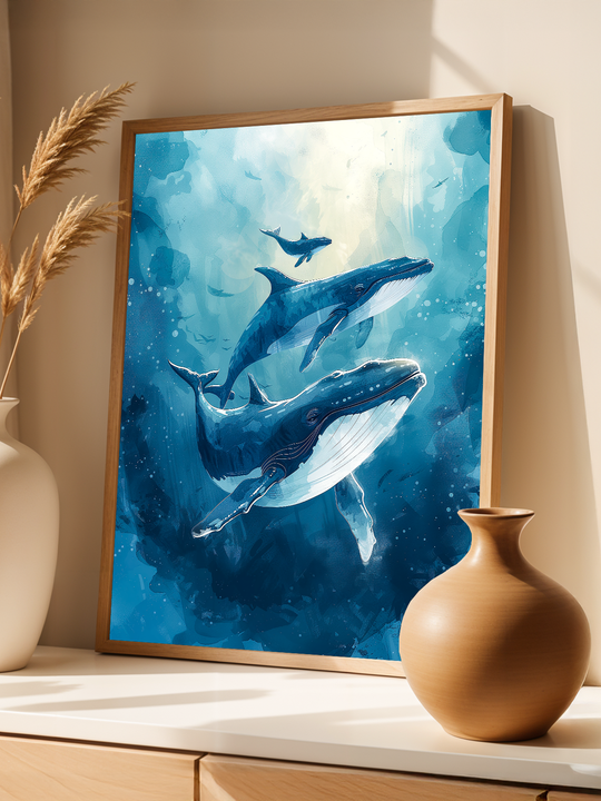 Framed ocean-themed watercolor poster of blue whales leaning against a beige wall, styled with minimalist ceramic vases and soft natural light for a serene coastal home decor setting.