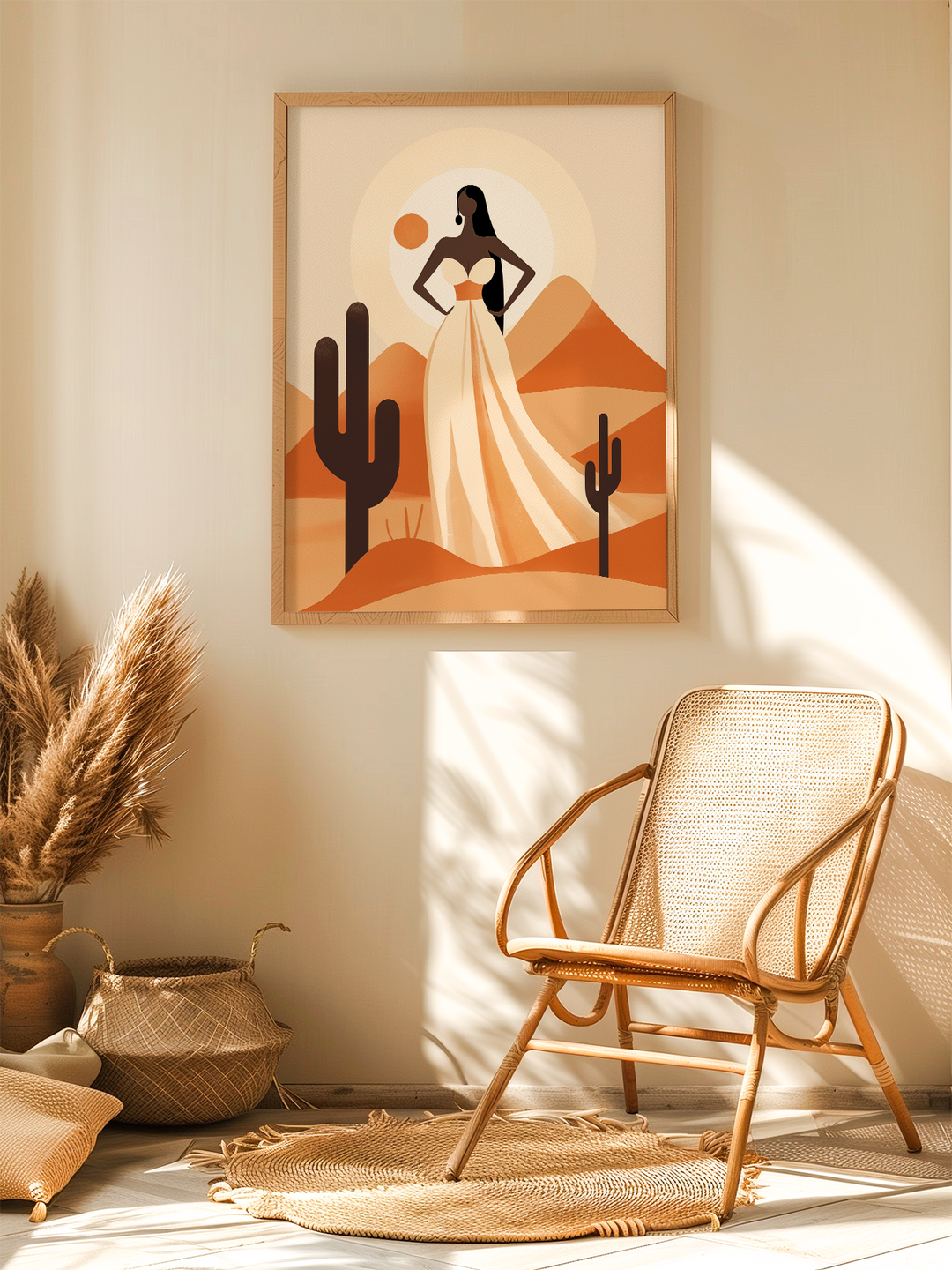 A warm, sunlit boho-style interior featuring a framed modern art print of a woman in a white dress standing in a desert landscape with cacti and mountains. The artwork is mounted on a neutral wall above a natural jute rug, with a woven chair and dried pampas grass in earthy vases enhancing the cozy, minimalist atmosphere.