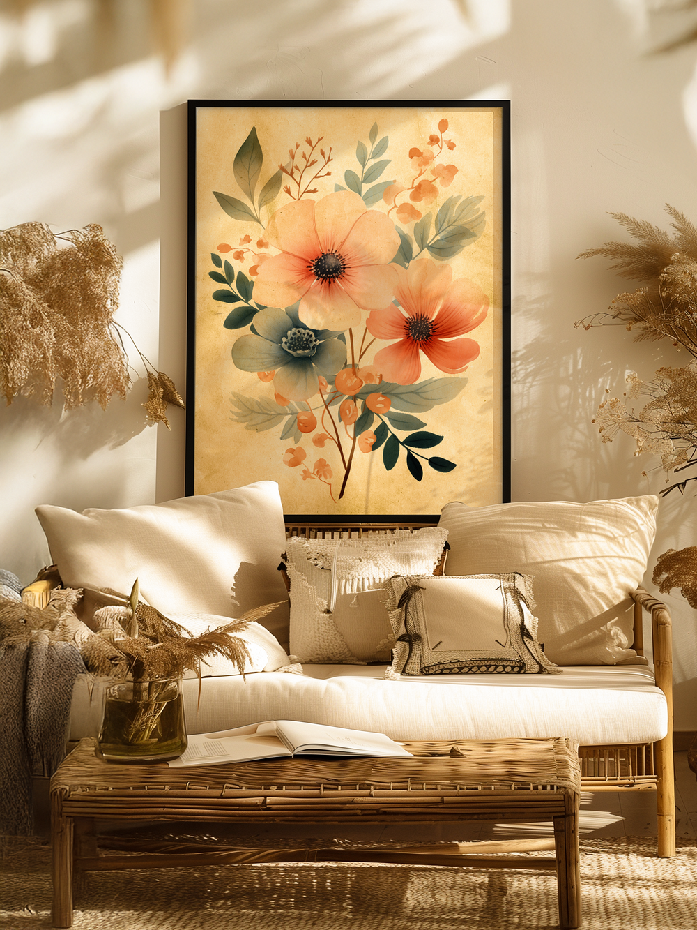Bright bohemian-style living room featuring a colorful floral poster in a black frame centered above a white cushioned rattan sofa. The space includes textured throw pillows, dried grass decorations, and a wooden coffee table with an open book and glass vase. Warm sunlight filters through, casting soft plant shadows on the wall and enhancing the earthy, relaxed atmosphere.