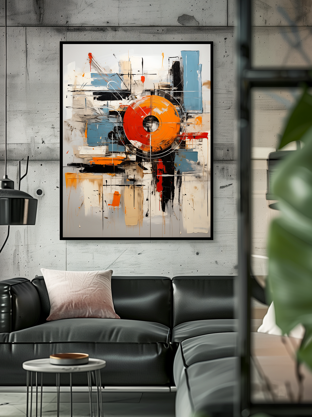 A striking abstract painting with vibrant orange and blue geometric shapes hangs on a concrete wall above a sleek black leather sectional sofa. The modern interior features minimalistic furniture, soft lighting, and industrial design elements, creating a stylish and contemporary atmosphere with artistic flair.