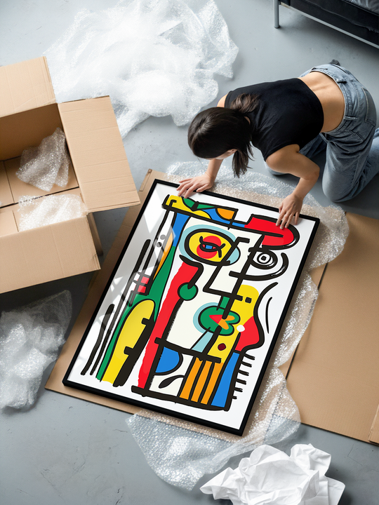 A vibrant abstract composition featuring a fragmented human face created in a bold cubist style with striking red, yellow, blue, green and black shapes. Shown during unboxing, the framed print highlights a premium black aluminum frame, shatterproof plexiglass and museum grade 200gsm matte paper for a high quality finish. The vivid colors and expressive modern design make this piece ideal for contemporary interiors, creative studios and art focused living spaces.