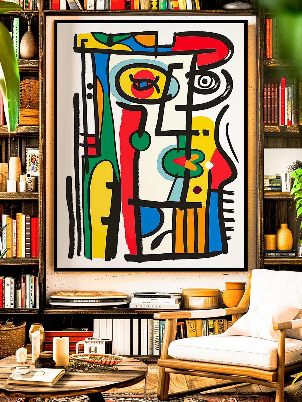 Large abstract cubist-style wall art featuring a colorful portrait in vivid red, blue, yellow, green, and black lines, displayed in a modern living room with bookshelves, plants, and cozy seating.