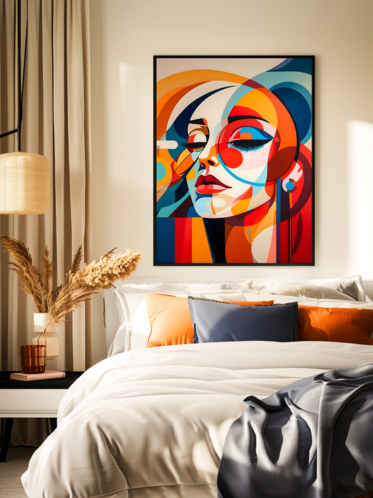 A large, colorful abstract portrait poster is centered above a softly made bed with white bedding and orange-blue accent pillows. Surrounded by gentle curtains, natural light, and warm decorative elements like dried pampas grass, the room radiates a calm and artistic ambiance that enhances the dreamlike expression of the artwork.