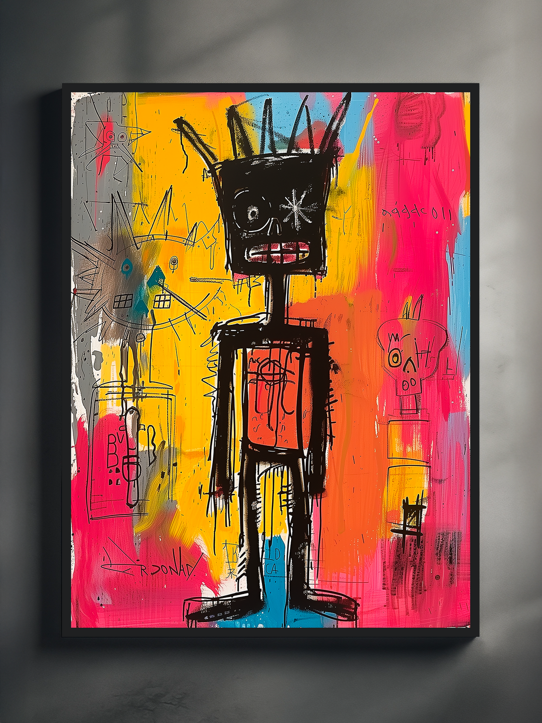 Dynamic close-up of a colorful street art-inspired poster with a black frame, featuring a raw graffiti style and vivid splashes of yellow, pink, blue, and gray, displayed against a simple light background in a modern artistic space.