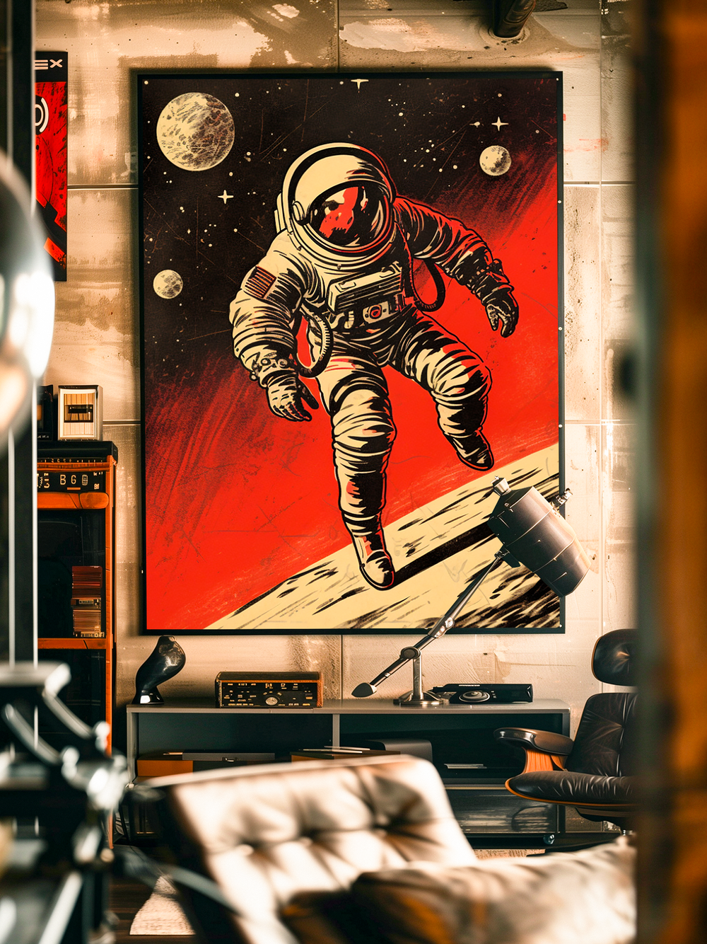 Striking wall art of an astronaut floating in space with planets in the background, set against a vivid red and black cosmic design. Displayed in a stylish industrial living room with leather chairs, retro speakers, and a turntable, the framed artwork becomes the dramatic focal point of the interior.