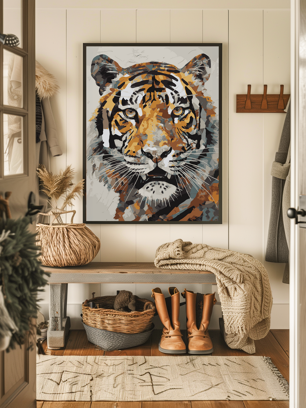 Framed geometric tiger illustration in warm earthy tones displayed in a cozy, rustic entryway with wooden bench, knit blanket, wicker baskets, and natural decor, creating a welcoming and stylish atmosphere.