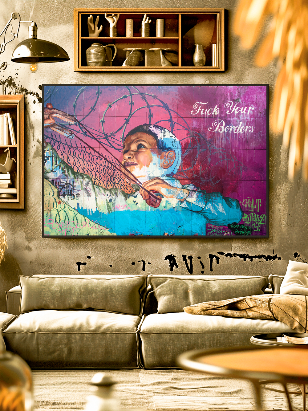 Contemporary wall art featuring a colorful graffiti-style painting of a child cutting through barbed wire, paired with bold text “Fuck Your Borders” in white script on a pink and blue background. The artwork is framed in a thin black frame and displayed above a modern beige sofa. Surrounding elements include warm-toned shelves, hanging lamps, and blurred foreground objects like a coffee table and decor pieces, creating depth and a lived-in, urban atmosphere.
