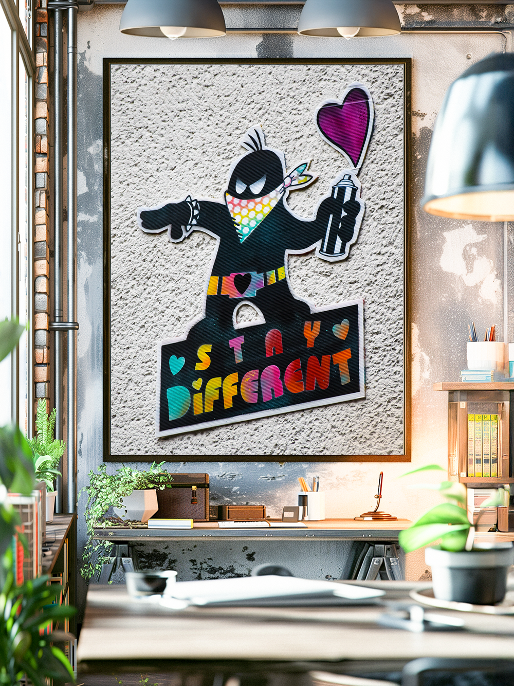 Realistic mockup of a colorful graffiti street art poster showing a masked character holding a spray can and a purple heart balloon. The poster features bold rainbow-colored typography with the message Stay Different, framed in black and displayed on a textured wall in a modern industrial loft with plants and natural daylight.