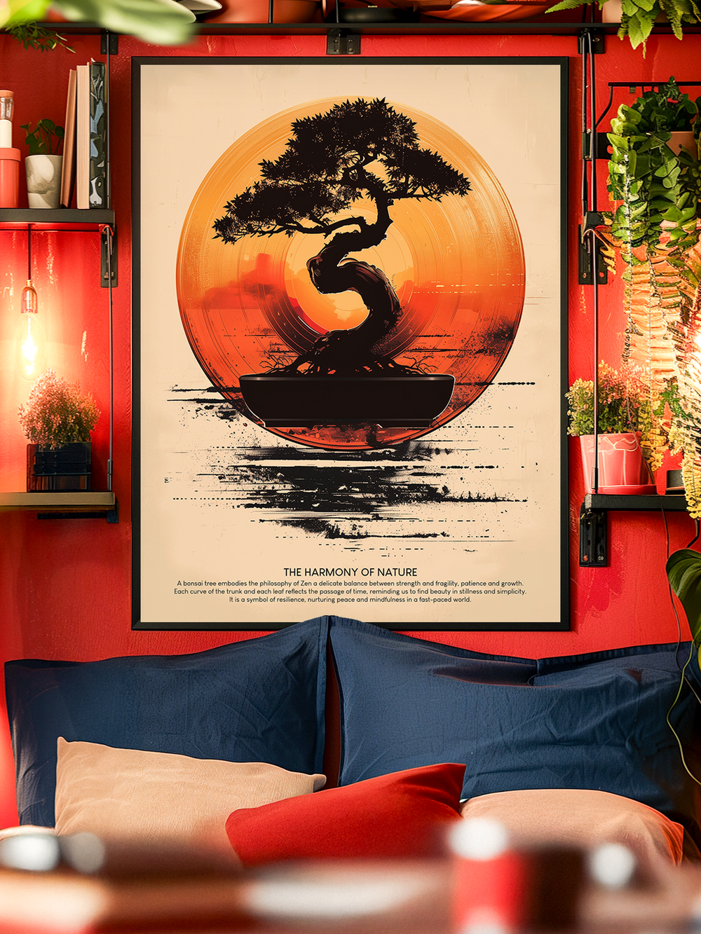 A framed bonsai tree art print with a glowing orange and red sunset circle hangs on a red wall above a cozy sofa, surrounded by green plants and floating shelves. The minimalist black frame and warm lighting create a calm Japanese inspired atmosphere that fits modern living rooms, bedrooms, and meditation corners.
