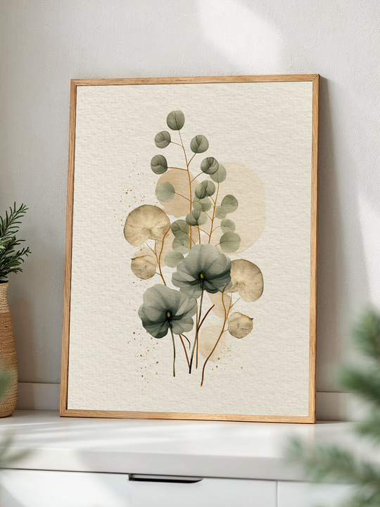 A soft botanical illustration featuring muted green eucalyptus stems and translucent floral shapes, framed in light wood and leaning against a white textured wall on a modern sideboard. The poster is surrounded by natural decor and gentle lighting, creating a calm, earthy ambiance.