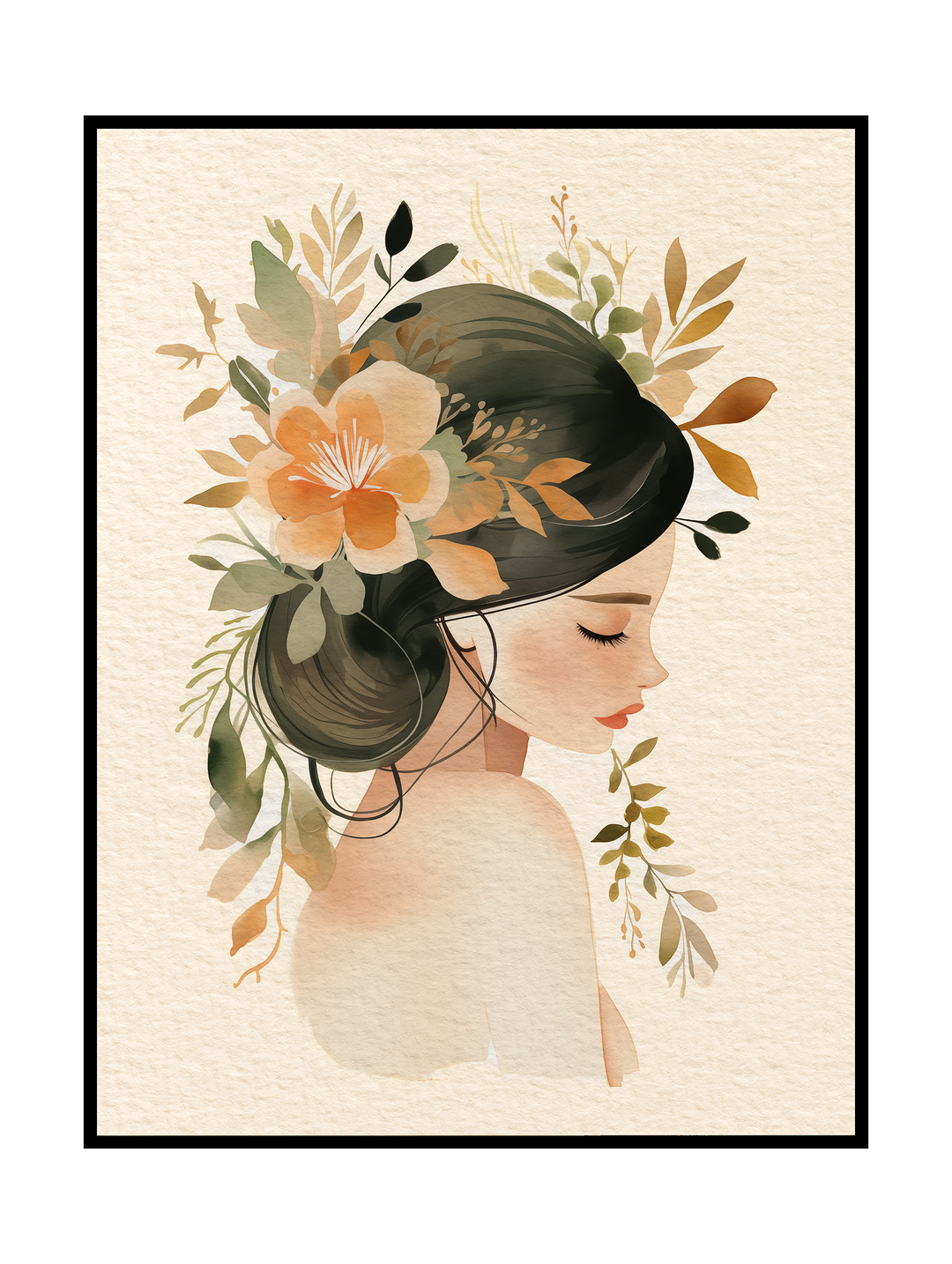 Elegant wall art poster featuring a serene illustrated female profile with closed eyes, her dark hair adorned with delicate flowers and leafy botanical elements. Soft earth tones, muted greens and warm beige create a calm, organic composition with a feminine and timeless aesthetic. Nature-inspired portrait artwork designed as modern wall art for bedrooms, living rooms or Scandinavian-style interiors.