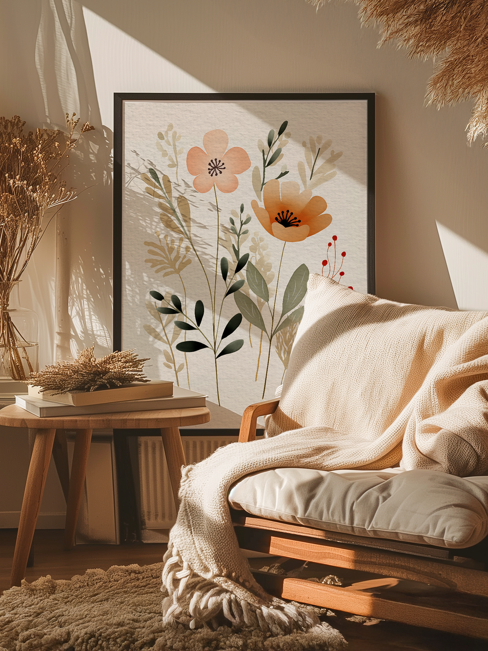 A delicate floral poster with soft pastel flowers and green botanical elements in a minimalist black frame stands against a sunlit beige wall. The cozy corner features a wooden armchair with cream cushions, a thick knitted blanket, a textured rug, and a wooden side table decorated with dried grasses and books. Warm natural light and neutral tones create a calm and inviting atmosphere.