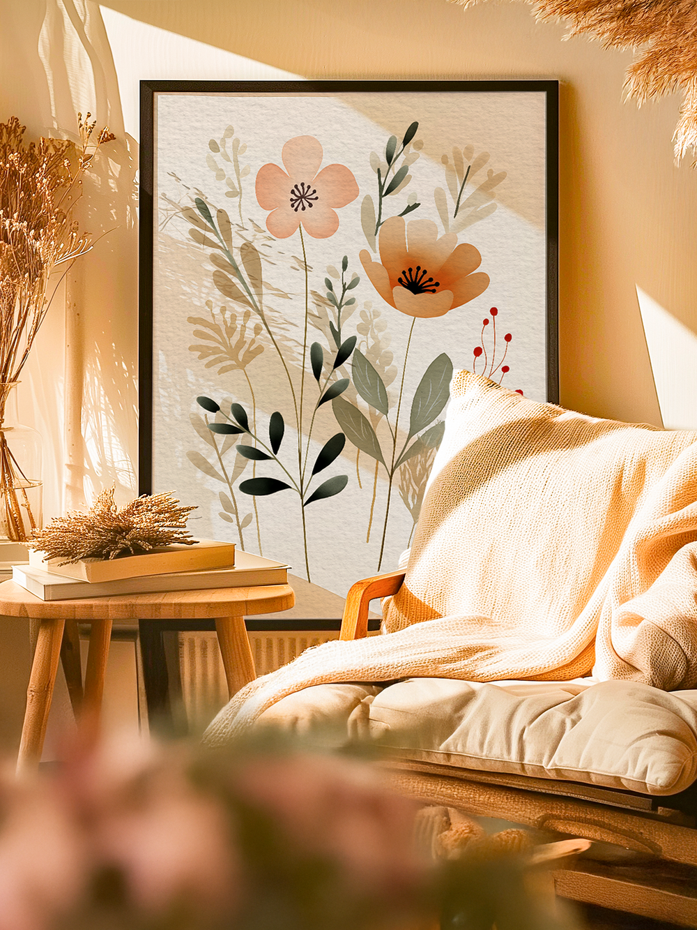 Framed poster with soft floral illustrations in earthy green and warm orange tones, placed in a bright, natural corner with a wooden chair, cream blanket, textured rug, and dried plants creating a relaxing, inviting atmosphere.