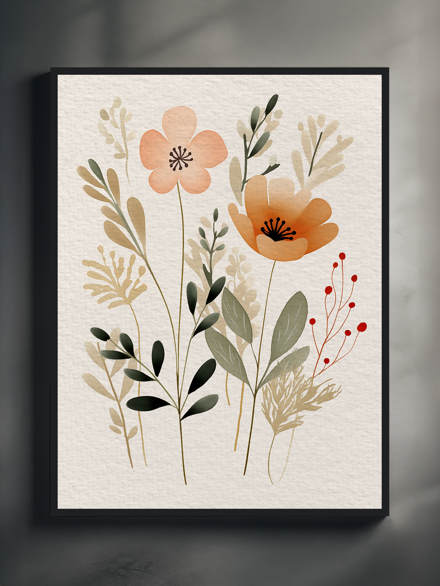 A minimalist botanical art print featuring delicate floral illustrations in warm pastel tones, including soft pink and orange flowers with light green and beige leaves. The artwork is set in a simple black frame and displayed against a neutral gray background, highlighting the serene and modern aesthetic.