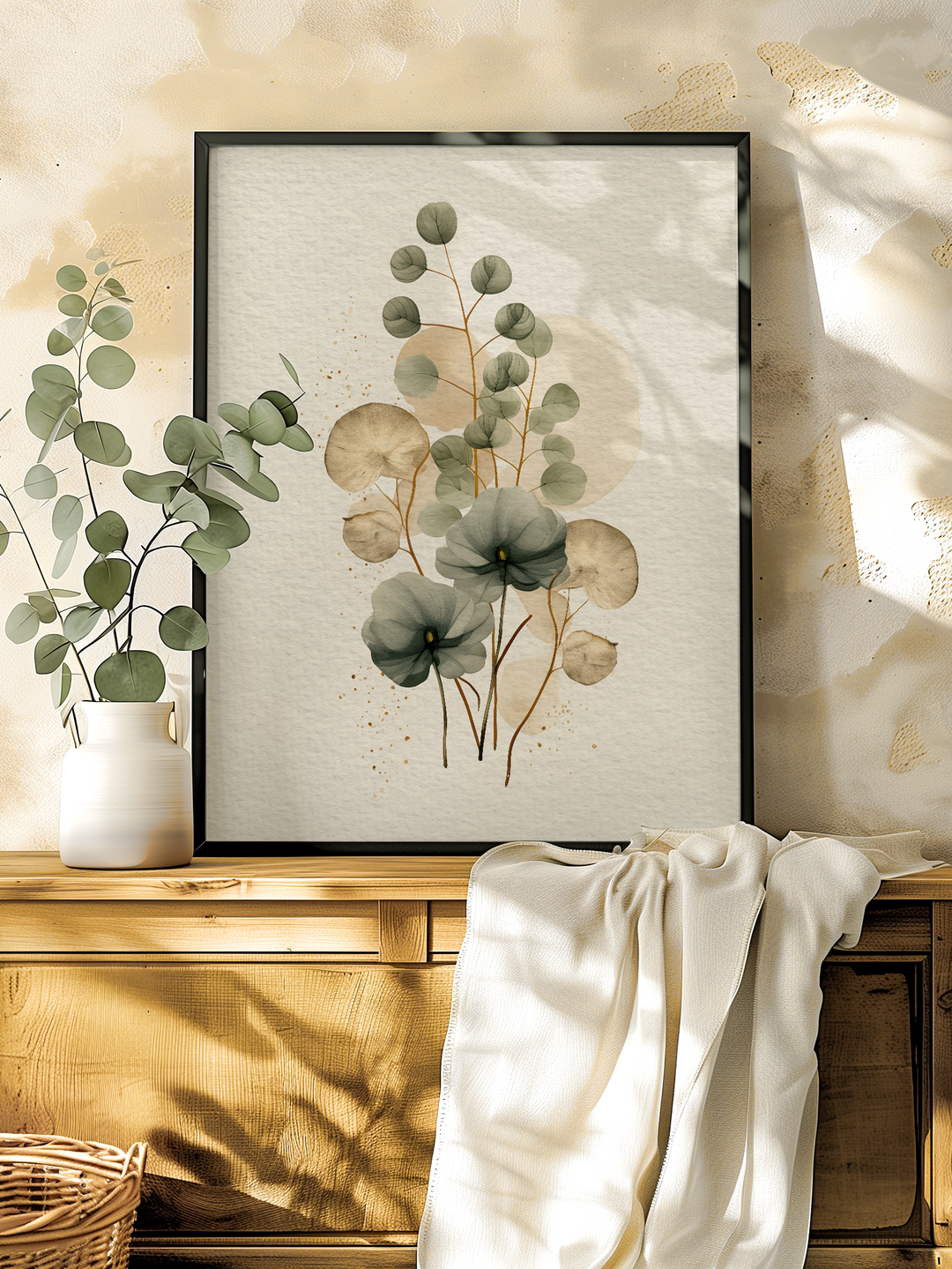 A framed botanical print with delicate eucalyptus branches and soft floral elements, styled on a wooden console with a cream throw and ceramic vase. The neutral wall with subtle texture and warm sunlight enhances the earthy and cozy atmosphere, creating a calming, nature-inspired interior setting.