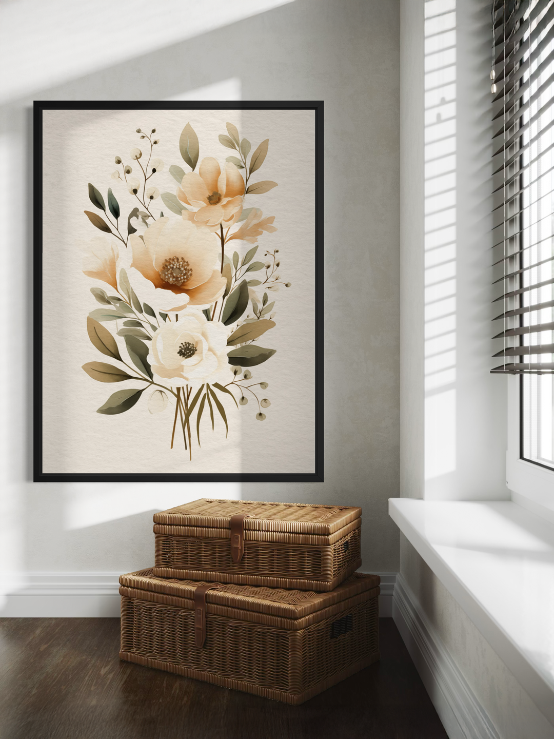 A framed botanical floral print hangs on a light textured wall in a bright interior. The artwork features soft beige and cream flowers with green leaves in a minimal, elegant composition. Sunlight falls through window blinds, casting natural shadows across the wall and frame. Below the artwork sit two woven wicker storage baskets, adding warmth and texture to the clean, modern space.