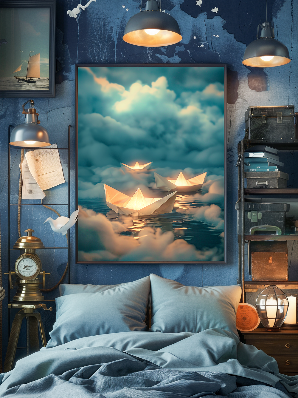 A well-lit, ocean-themed bedroom with vibrant blue walls and a dreamy atmosphere, viewed frontally. A large vertical poster in a thin black frame shows glowing paper boats floating among soft clouds and reflective water. The wall features layered textures with visible paint wear, surrounded by hanging ship-style lamps and maritime decor. To the sides are vintage shelves, suitcases, books, and nautical objects like a globe light and brass instruments. The bed is neatly styled with light blue pillows and cove