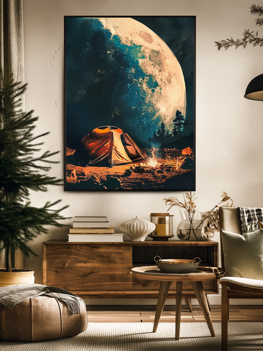 A vertical 60x80 cm poster in a thin black frame hangs centrally on a bright wall, featuring a vivid artwork of an orange camping scene under a giant, glowing moon in a starry night sky. The room is styled with warm, natural elements: a wooden sideboard, a round coffee table, neutral-toned armchair, indoor plants, and textured decor like ceramic vases and books. Earthy tones and soft lighting create a cozy, nature-inspired atmosphere that perfectly complements the outdoor theme of the poster.