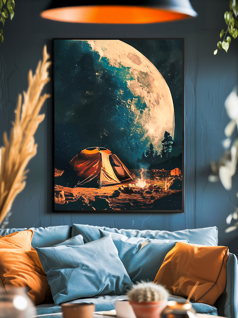 A framed poster depicting a glowing tent under a massive, detailed moon and starry night sky, displayed above a sofa with blue and orange pillows in a warmly lit, cozy living room.