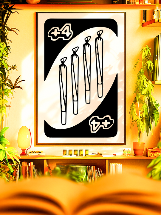 Modern wall art poster featuring a playful Uno style +4 card design with four illustrated joints, displayed in a cozy retro lounge interior with warm lighting, bookshelves and plants, perfect for stoner room decor and cannabis themed home art.