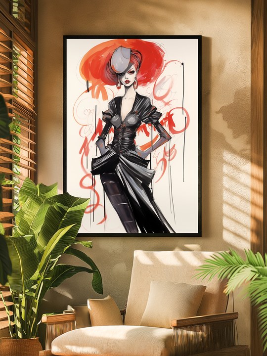 A framed fashion illustration of a red-haired woman in a dramatic black outfit hangs in a sunlit corner with modern beige seating, wooden accents, and large tropical plants. The stylish interior blends high-fashion flair with a calming, nature-inspired atmosphere.