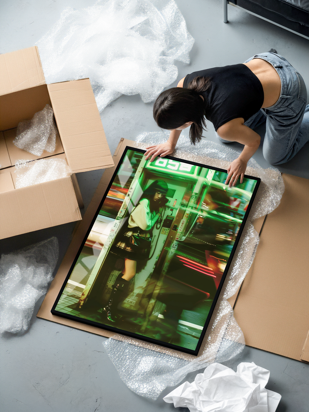 A framed cinematic artwork featuring a young woman standing inside a Japanese phone booth surrounded by neon green city lights and dynamic motion blur. The vibrant colors and sharp details stand out on museum-grade matte paper, enhanced by the premium black metal frame while the print is being unboxed on protective packaging.
