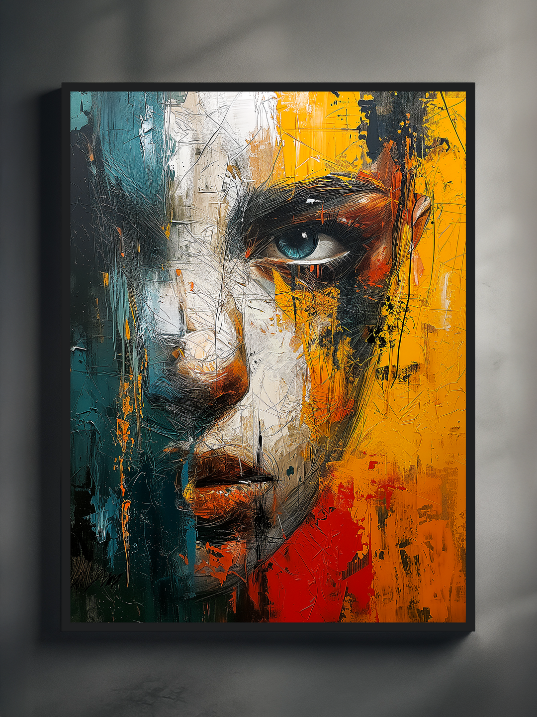 A striking abstract portrait painting featuring a close-up of a face, textured with thick brushstrokes in vivid shades of blue, white, yellow, red, and black. The artwork is framed in black and displayed against a neutral gray background, highlighting the intense expression and color contrast.