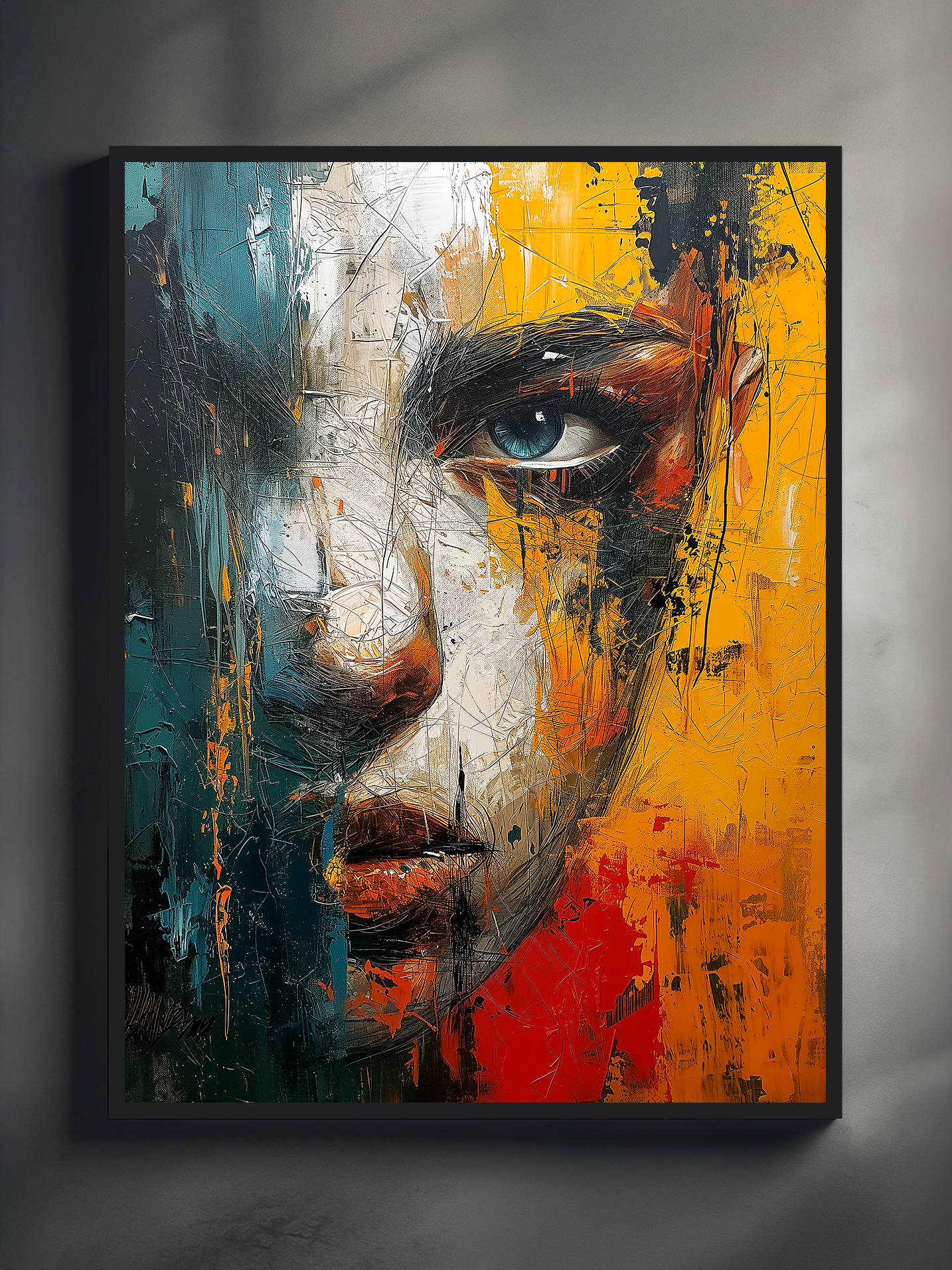 A striking abstract portrait painting featuring a close-up of a face, textured with thick brushstrokes in vivid shades of blue, white, yellow, red, and black. The artwork is framed in black and displayed against a neutral gray background, highlighting the intense expression and color contrast.