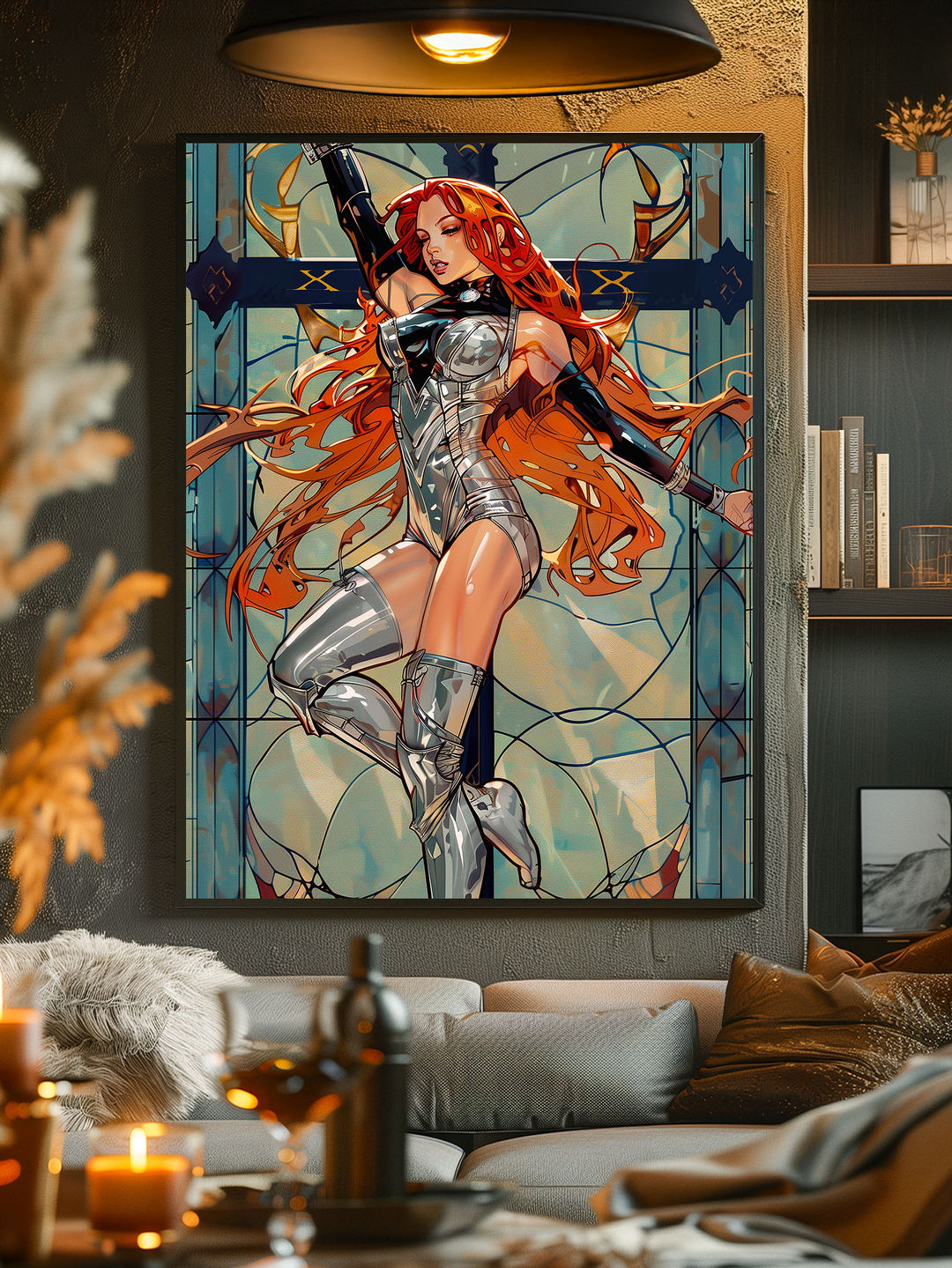 High-resolution mockup showing a framed sci-fi warrior poster on a textured wall in a cozy, modern living room. The scene features warm lighting, a designer lamp above the artwork, and soft furnishings like a beige couch with pillows and candles in the foreground. The focus is on the dynamic illustration of a red-haired futuristic female fighter in silver armor.
