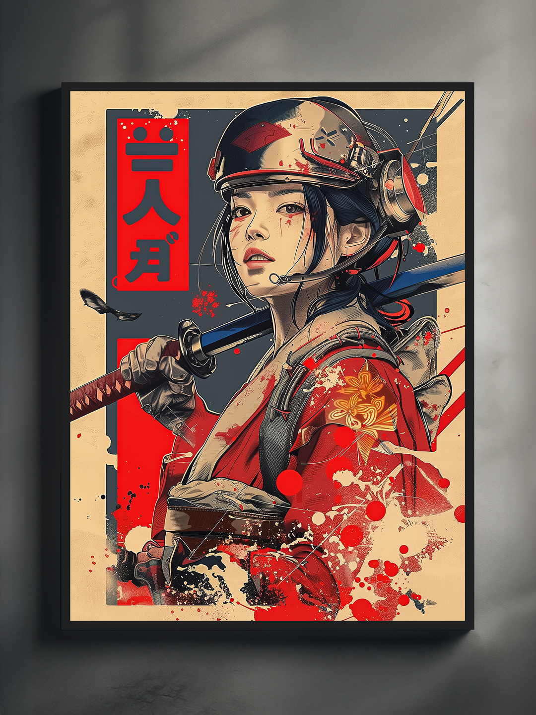 Realistic close-up of a poster featuring a cyberpunk samurai girl in a red outfit and helmet, displayed in a black frame against a soft gray wall with natural lighting.