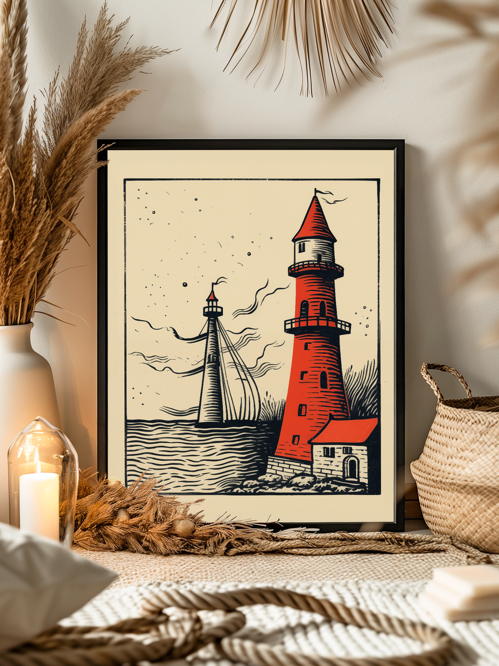 A red and white lighthouse poster is centered in a cozy coastal room, surrounded by warm-toned decor like rattan baskets, dried grasses, a glass candle, and coiled rope. The poster is in full focus, while a blurred rope and pillow in the foreground create a sense of depth and immersion.