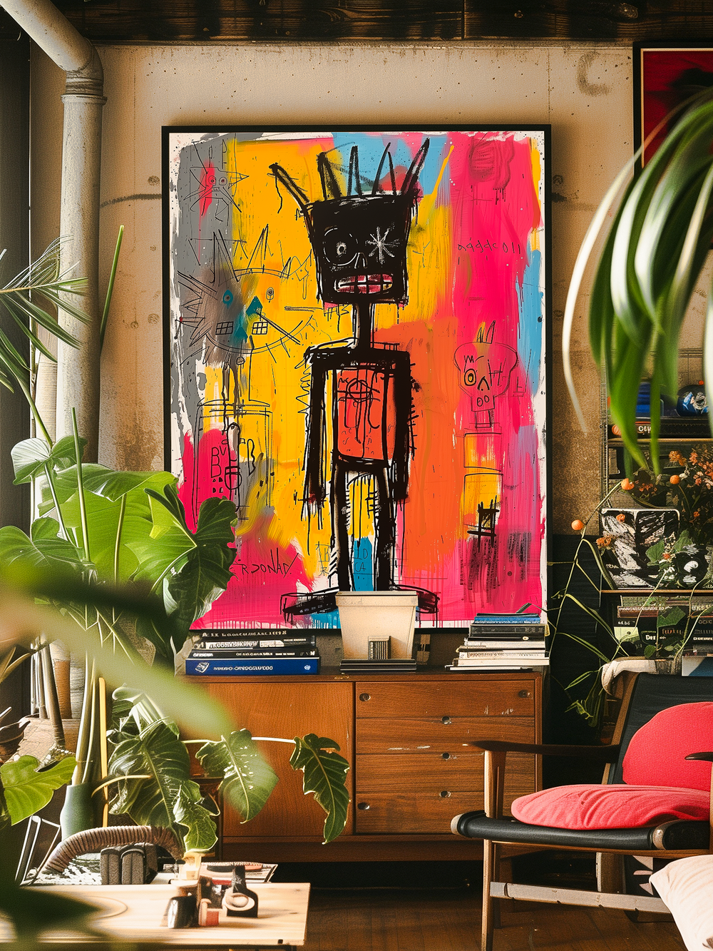 A bold, colorful abstract painting featuring a crowned stick-figure on a vibrant pink, yellow, gray, and blue background hangs on a rustic wall. The surrounding room is filled with lush green plants, a mid-century wooden sideboard stacked with books, and a modern chair with a bright red cushion, creating an inviting, artistic, and bohemian interior atmosphere.